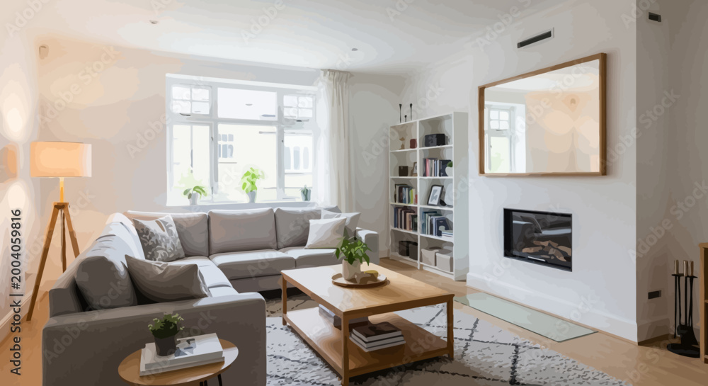 Fototapeta premium Modern minimalist living room interior with grey sofa and fireplace