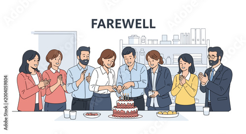 Colleagues Celebrating A Farewell Party With A Cake In An Office Setting