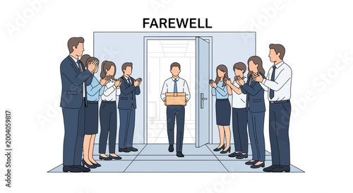 Colleagues Applaud Employee Carrying Box Through Office Doorway During Farewell Ceremony