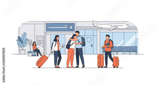 Couple hugging at airport terminal with luggage, travelers greeting before flight departure or arrival