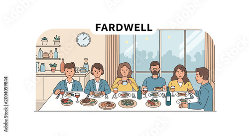 A Diverse Group of People Enjoying a Farewell Dinner Together at a Long Table