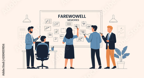 Office team creating farewell memories on a whiteboard with signatures and notes