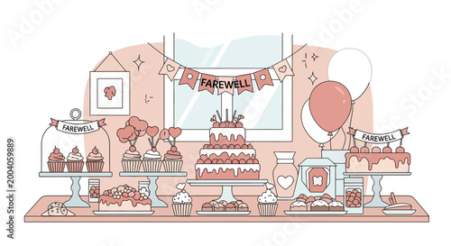 A festive farewell party setup featuring a tiered cake, cupcakes, balloons, and a banner.