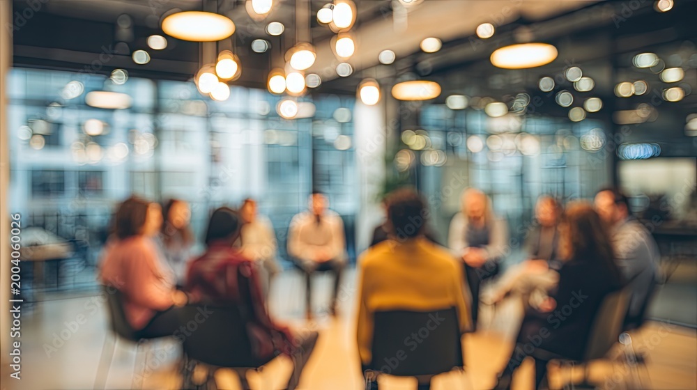 Fototapeta premium Blurred group of people sitting in a circle in a modern room