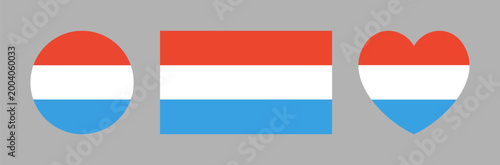 Circular, rectangle, heart Luxembourg Flag button. Luxembourg flag icon, badge, sticker. Round, rectangular, heart of Luxembourg flag banner, background.