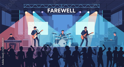 A Farewell Concert Performance by a Rock Band on Stage with a Cheering Crowd