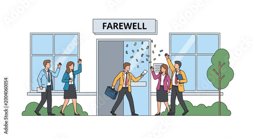 Employees wave goodbye to a colleague leaving the office with confetti and a farewell sign above the door