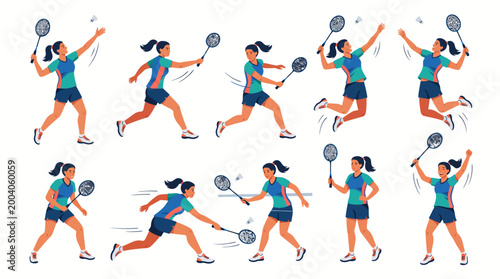 10 Female Badminton Player Vector Pack – Woman Playing Badminton Illustration Set