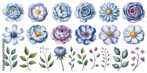 Exquisite watercolor floral collection featuring delicate hand-painted blue, purple, and lavender blossoms, diverse botanical elements, leaves, and branches. Perfect for spring and summer designs,