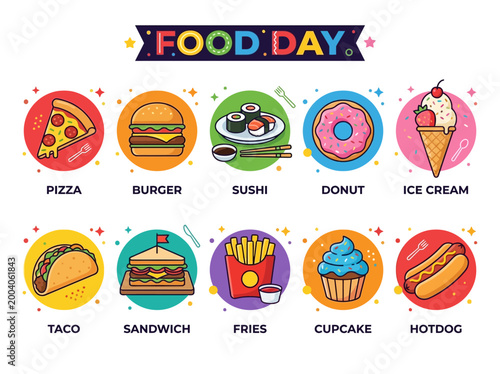 Celebrate Food Day with a Colorful Collection of Delicious Treats Pizza, Burger, Sushi, Donut, Ice Cream, Taco, Sandwich, Fries, Cupcake, and Hotdog