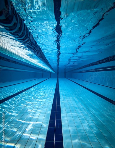 An underwater view showcasing a competition swimming pool. The turquoise water reflects the ceiling's lines creating a unique perspective