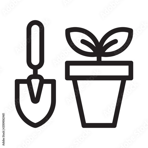 gardening icon with trowel and potted plant black line art
