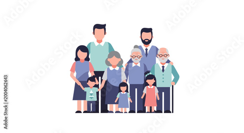 Stylized illustration of a multi-generational family, standing together to celebrate International Family Day, rendered as flat vector art with soft, pastel colors against a clean white