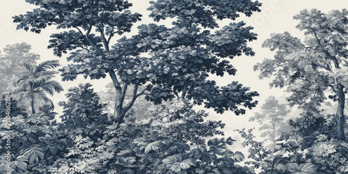 Vintage Style Forest Illustration with Lush Greenery and Dense Trees