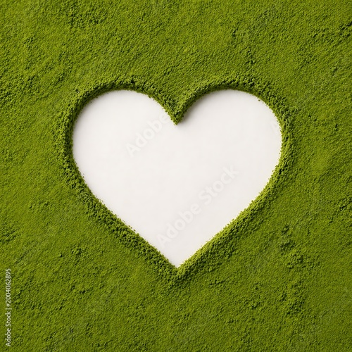 Green matcha powder arranged vibrant, bright in a heart shape on a background, minimalist white surface