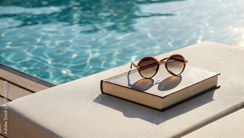 Sunglasses And Paperback Book Beside Poolside Lounge Chair, Capturing Relaxed Summer Vibes, Leisurely Reading Moments, And Serene Vacation Atmosphere Under Bright Sunlit Reflections