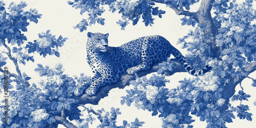 Elegant Blue Leopard Art: Majestic Big Cat Resting in Tree Amidst Lush Foliage