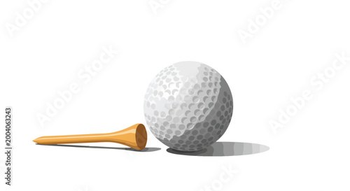 3D vector illustration featuring a white textured golf ball with circular dimples positioned beside a light brown wooden golf tee, isolated on a white background with cast shadows.