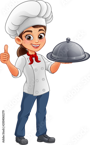 Cartoon woman female chef lady in white uniform smiling, giving thumbs up, and holding a serving tray with cloche dish cover. Happy cook mascot for restaurant, menu, catering or kitchen design.Cloche
