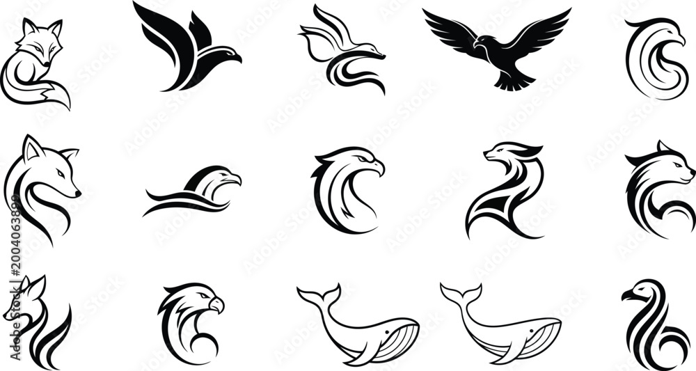 Obraz premium Animal Logos, Wildlife Icons, Black and White Vector Graphics, 15 Animal Symbols