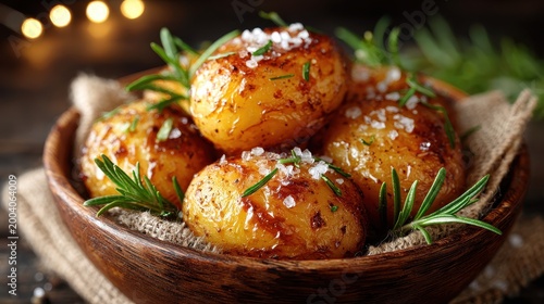 Roasted Baby Potatoes with Rosemary and Sea Salt in Wooden Bowl