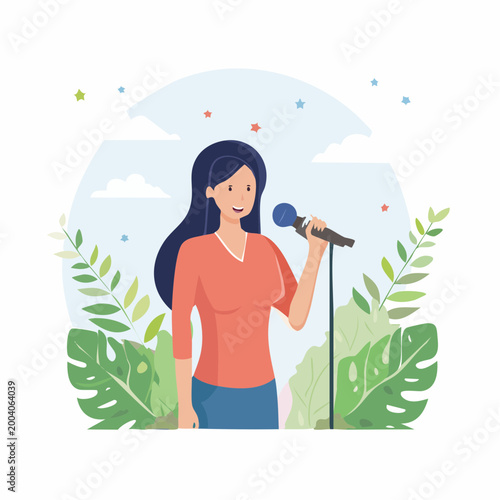 Woman Singing into Microphone with Nature Background