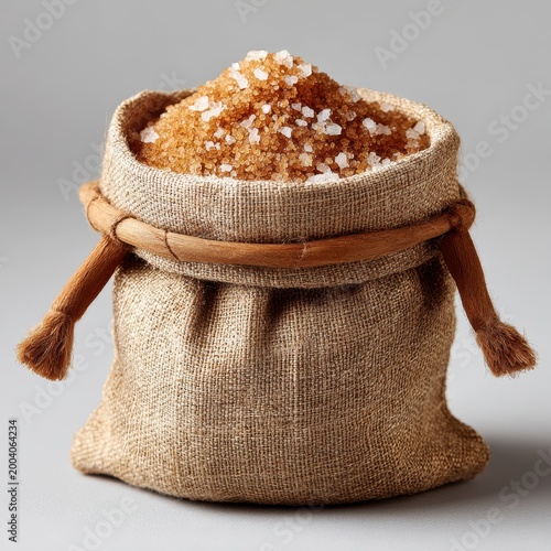 Brown Sugar and White Sugar Crystals in a Burlap Sack, Close-up