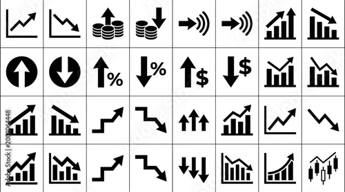 Schilderij op canvas Financial growth and decline bar and line chart icons with line graph, increase