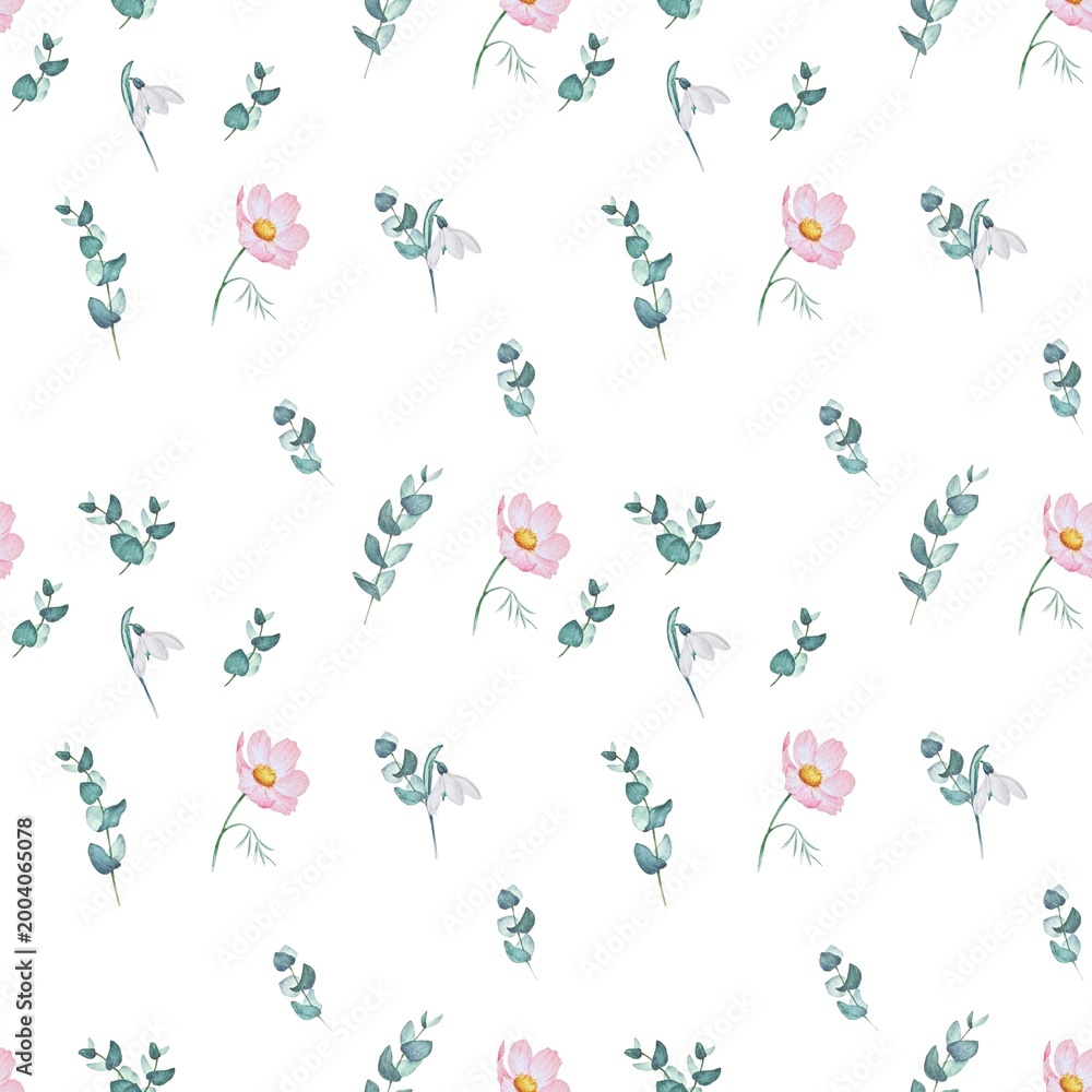Fototapeta premium Pink cosmos and eucalyptus delicate seamless pattern on white background