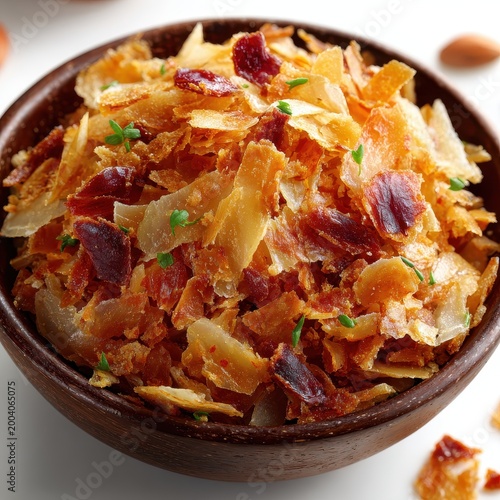 Crispy Fried Onion Topping in Wooden Bowl, Garnish, Close-Up