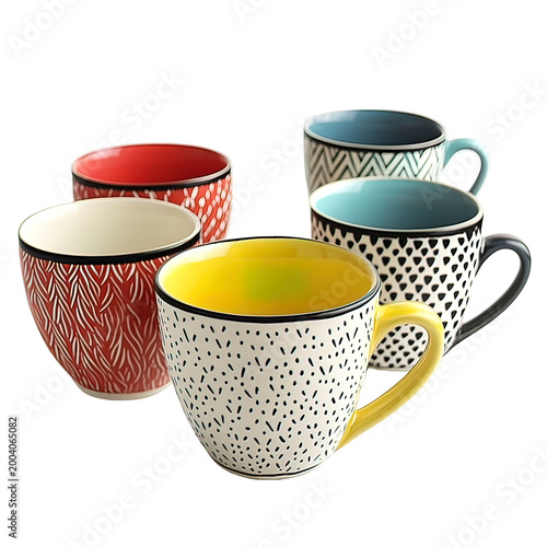 Colorful ceramic coffee mugs collection.