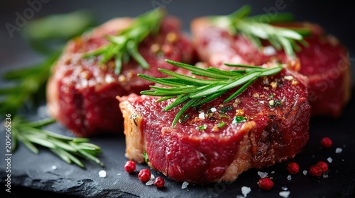 Raw Beef Steaks with Rosemary and Spices on Dark Background, Close Up