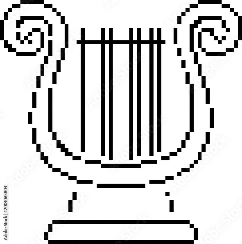 lyre music instrument pixel art icon, retro 8-bit ancient greek harp string symbol, culture vector illustration