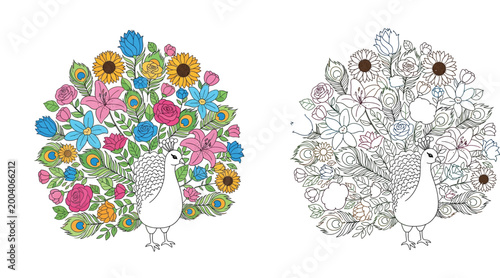 Beautiful floral peacock illustration showing both a vibrant colored version and a black and white line art coloring book page design with roses, sunflowers, and lilies.