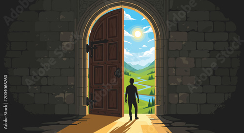 Man standing in doorway looking out at green landscape with mountains and river, Generative AI.