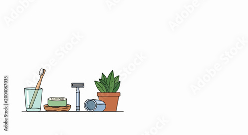 Minimalist home office organization with potted plant, paintbrush, and stationery on white desk. Flat vector illustration for workspace design and productivity.