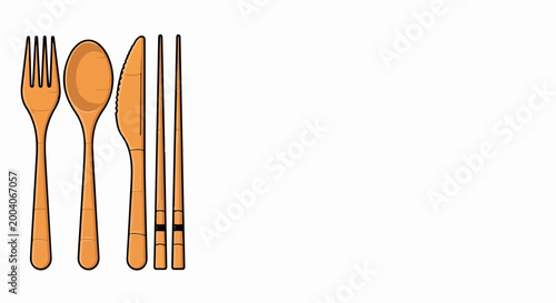 Minimalist flatware set with wooden chopsticks, fork, and knife in warm orange tones. Clean vector illustration for branding, packaging, or food-related design projects.
