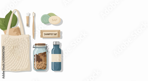 Minimalist gift basket with natural elements, jars, and wooden accents for eco-friendly packaging design. editable vector illustration