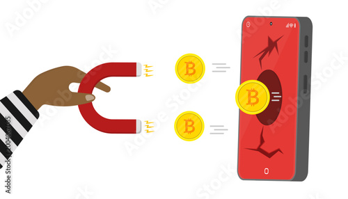 Hand of thief holding magnet to stealing bitcoin cryptocurrency from cracked smartphone screen. Concept crypto hack, digital theft and mobile security breach financial fraud.