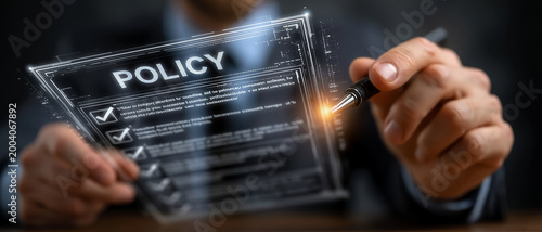 Business policy document digital review concept, corporate compliance checklist innovation, futuristic contract management and risk control focus