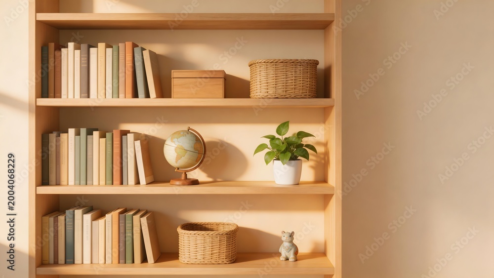 Fototapeta premium Wooden bookshelf with books plants and decor