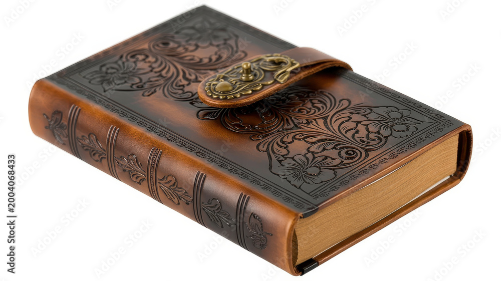 Fototapeta premium Brown leather journal with embossed floral patterns and antique metal clasp on white background