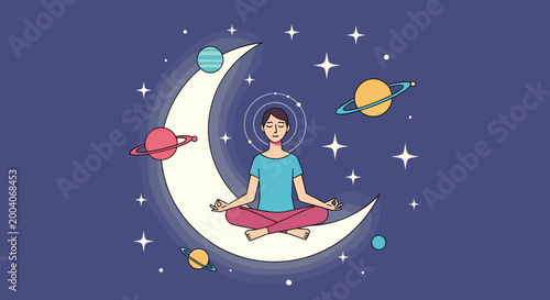 Woman meditating on a crescent moon surrounded by planets and stars in space, Generative AI.