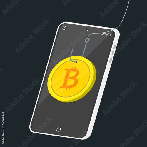 Fishing hook stealing bitcoin from smartphone screen for crypto phishing scam, digital currency fraud and mobile security threat with online theft concept.