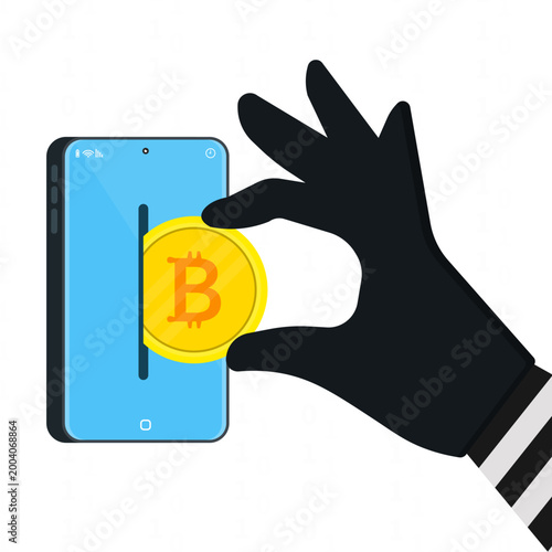 Hand of thief stealing bitcoin cryptocurrency from smartphone. Concept of digital wallet hack, mobile security breach and online crypto fraud.