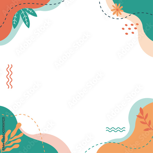 Fond estival tropical minimaliste avec cadre décoratif, formes organiques et espace texte. Design moderne idéal pour réseaux sociaux, affiches et visuels marketing