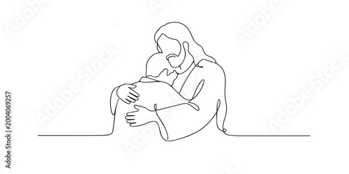 One line drawing of Jesus hugging sad man. Continuous line of comforting embrace. Compassion and healing concept. Modern minimalist style. single line art vector illustration.