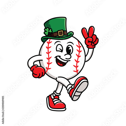 St Patrick's Day Baseball Mascot, Retro Cartoon Character Wearing Green Leprechaun Hat for Lucky Holiday