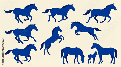 Blue Horse Silhouettes in Dynamic Poses - Vector Graphic Illustration