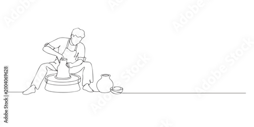 One line drawing of man crafting clay pot. Continuous line of traditional pottery work. Cultural craft concept. Modern minimalist style. single line art vector illustration.